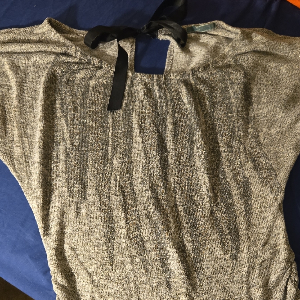 Gray Women's Top with Black Ribbon Detail
